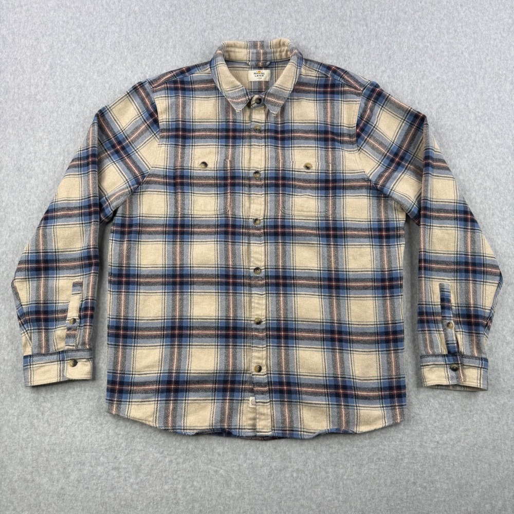 Marine‎ Layer Shirt Mens Large Beige Plaid Flannel Button Up Long Sleeve Cotton